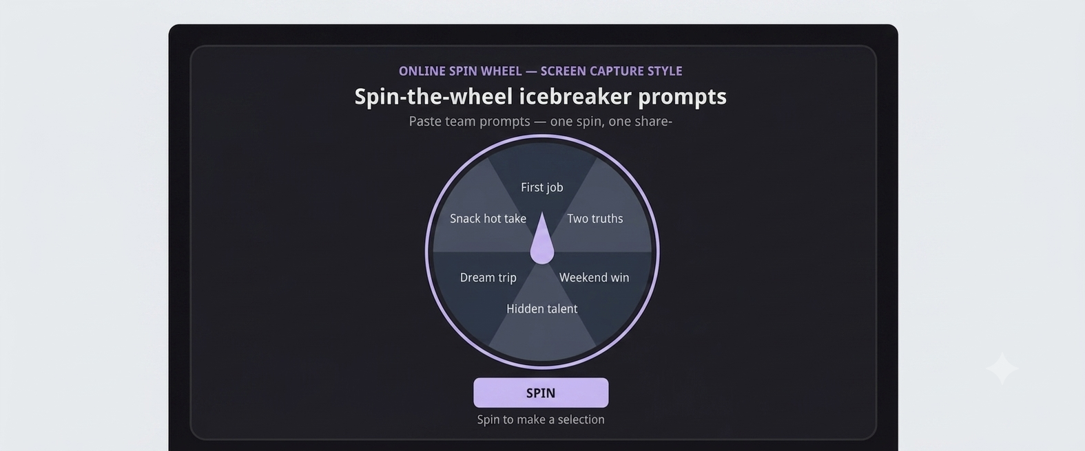 Spin wheel filled with professional icebreaker prompts for a team meeting