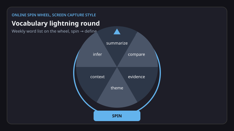 Vocabulary words displayed on a spin wheel during an ELA classroom game